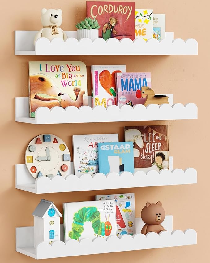 Scalloped Nursery Floating Shelves for Wall Set of 4, White Kids Book Shelves Wall Mounted, Cloud Hanging Bookshelf for Baby Toddler Child Girls Boys Room Bathroom Bedroom Toys (Pine Wood)