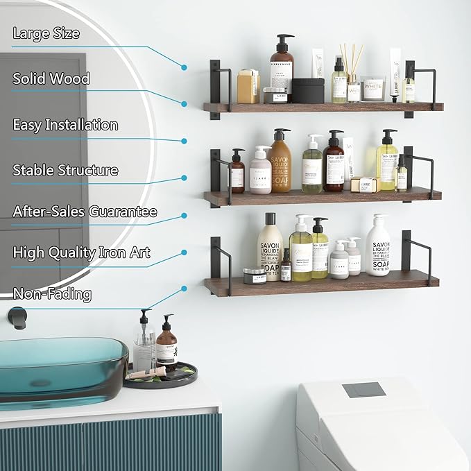 Floating Shelves - 24 Inch Wall Mounted Set of 3 Rustic Wood Shelves for Wall Decor and Living Room Storage (Brown)