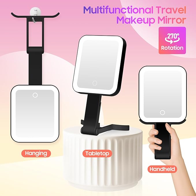 Magnifying Travel Mirror with Light, 30X/1X Double-Sided Magnifying Mirror with 3 Color Lights, Brightness Adjustable, Foldable Handheld Makeup Mirrors Portable for Travel and Desktop Use,B