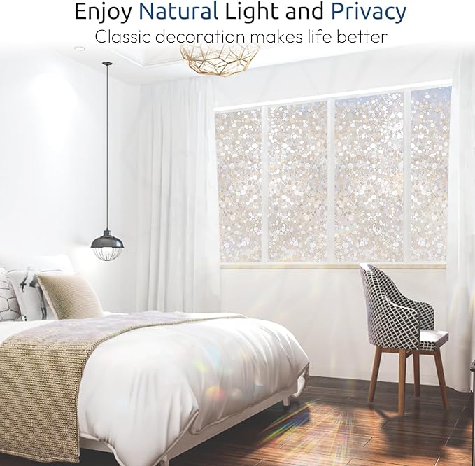 rabbitgoo Window Privacy Film, Decorative Rainbow Window Clings for Glass Covering, Static Cling Non Adhesive Door Stickers UV Blocking, Stained Glass Vinyl Decal, 3D Pebble, 35.4 x 118.1 inches