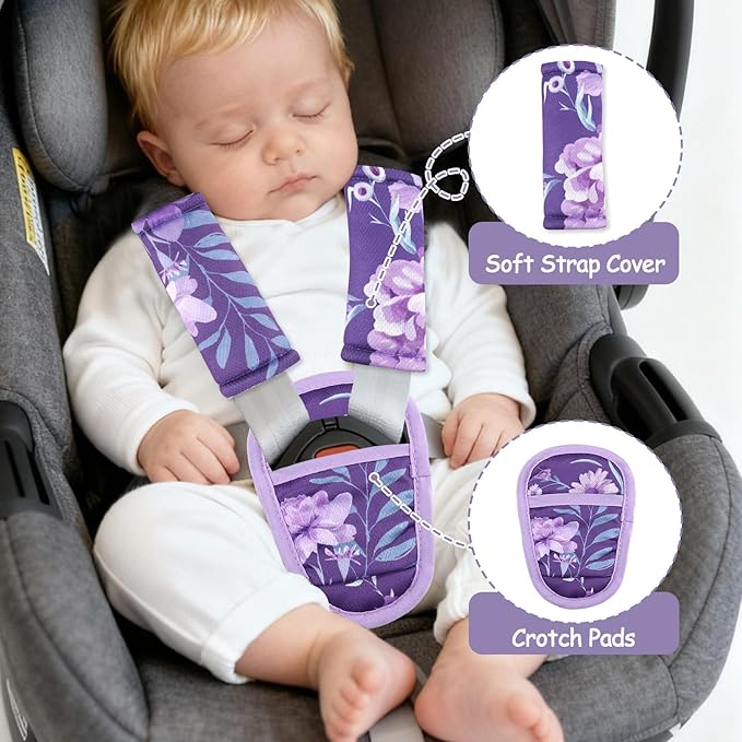 WINGHENLEE Baby Car Seat Strap Pads Suit, 3 Pieces Soft Car Seat Strap Shoulder Covers for Baby Infant Toddler, Double-Sided Car Seat Belt Covers for Stroller, Pushchair, Baby Swing, Purple Floral