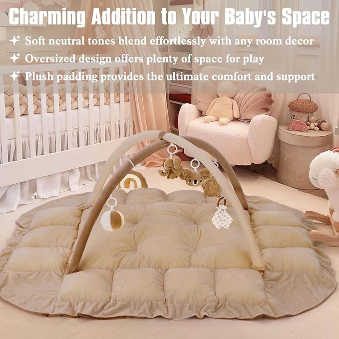 5-in-1 Plush Baby Play Gym, Baby Play Mats, Convertible Baby Gym, Tummy time mat, 6 Sensory Toys, Activity Center, Ball Pit, Brown
