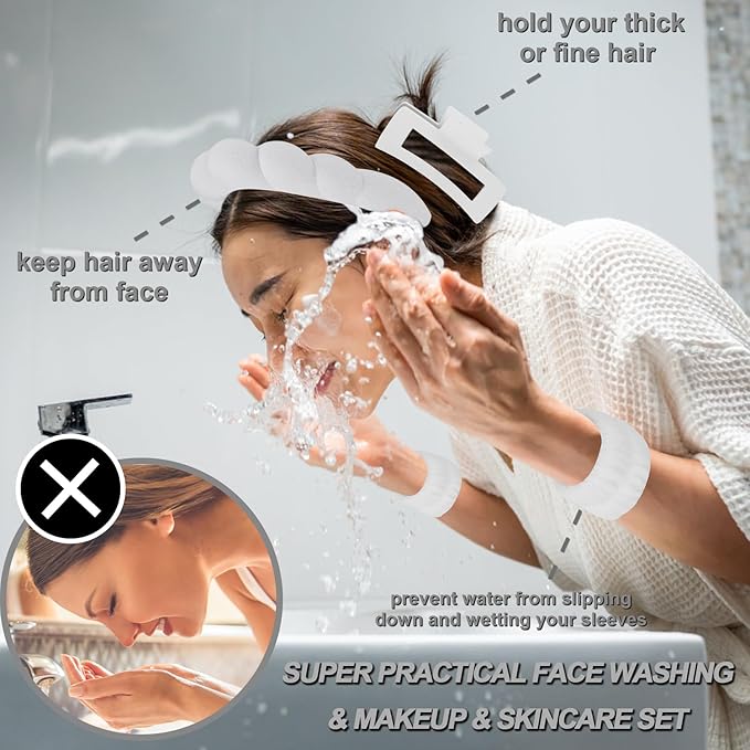 Canitor Spa Headband Wrist Bands with Hair Clips White Non Slip Puffy Terry Cloth Makeup Skincare for Washing Face Skin Care Preppy Teen Girl Gifts Women Cute Trendy Stuff Stocking Stuffer