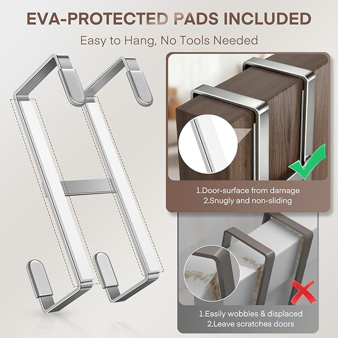 FYY 2 Packs Over The Door Hooks, Double Sided Door Hanger Hook - Heavy Duty No Drill Wall Hooks for Hanging Coats, Towels, Bags, Kitchen Closet Fits Most Doors Up to 1-7/8" Thickness (5.12"L, Silver)