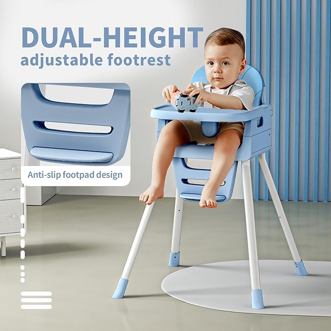 3 in 1 Convertible High Chairs for Toddlers 1-3 Baby Feeding Chair with Tray Wipeable Infant Highchair Sit Up High Chair for Babies and Toddlers with 5-Point Safety Harness & Cushion Blue