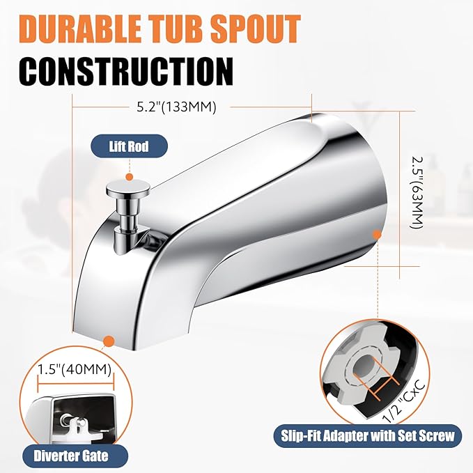 Universal Bathtub Tub Spout with Diverter, Fits 1/2" Slip-Fit Copper Pipe Connection, Pull Down Bathtub Faucet Spout Replacement, Easy Installation (Chrome)