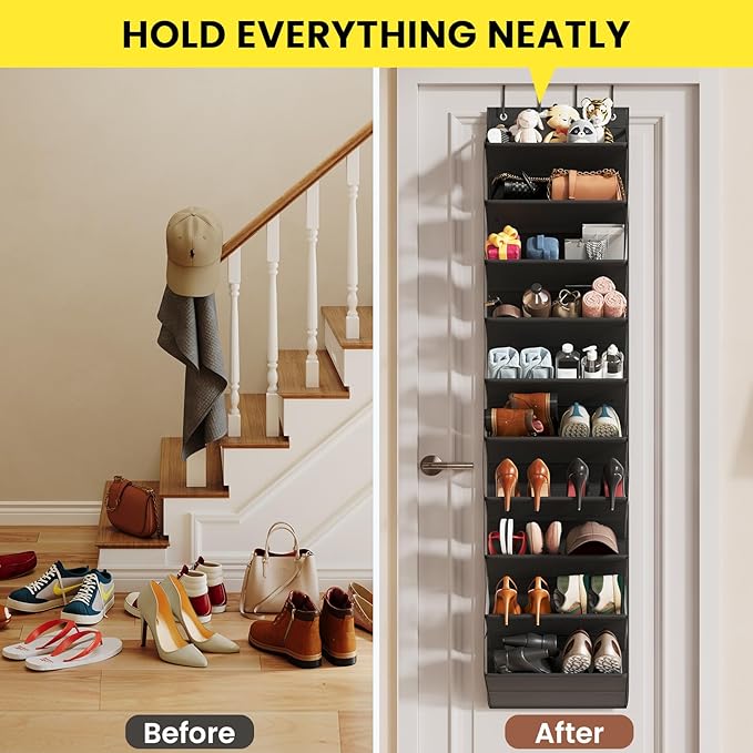 Mefirt 10 Tier Clear Over the Door Shoe Organizer with Deep Pockets, Door Shoes Rack with Hard Tube to Keep the Shape, Hanging Shoe Rack for Closet Organizers & Storage, Behind Door Shoe Holder Black