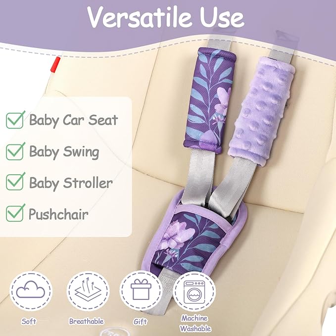 WINGHENLEE Baby Car Seat Strap Pads Suit, 3 Pieces Soft Car Seat Strap Shoulder Covers for Baby Infant Toddler, Double-Sided Car Seat Belt Covers for Stroller, Pushchair, Baby Swing, Purple Floral