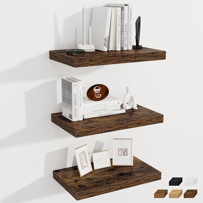 Fun Memories 12 Inch Deep Floating Shelves for Wall, 20 Inch Long Wall Mounted Storage Shelf, 3 Pack Hanging Wood Shelf for Farmhouse, Bedroom, Kitchen, Living Room, Rustic Brown