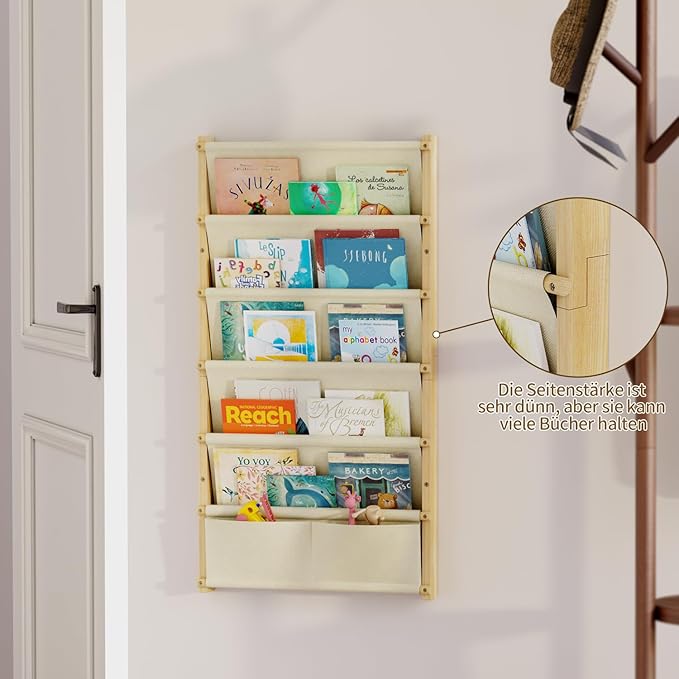 Wood 6-Tier Wall Mounted Kids Bookshelf – Floating Book Shelf For Kids Rooms,Nursery & Classroom, Hanging Bookcase Organizer For Books,Toddler Book Shelf, Montessori Bookshelf, Nursery Shelves (Small)