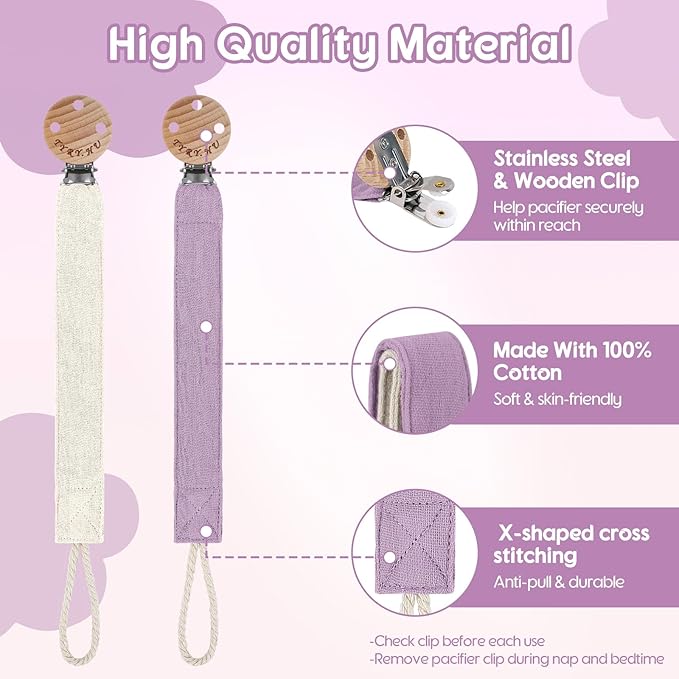 TYRY.HU Ribbon Baby Pacifier Clip Holder, 2 Pack Binky Paci Holder Clips, Pacifier Leash, Universal Binky Leash, Creamy White & Purple
