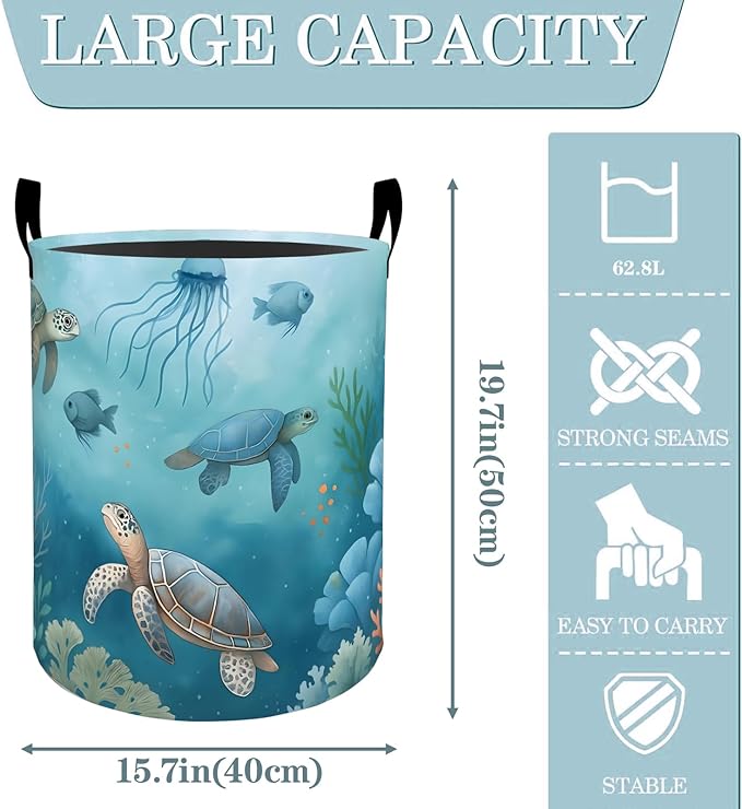 VODRM Sea Turtle Ocean Animal Coral Laundry Basket, Dirty Collapsible Clothes Toy Organizer Hamper for Kids Adults, Oxford Cloth Waterproof Storage Bin for Bathroom Coastal Decor Gifts, 19.7"X15.7"