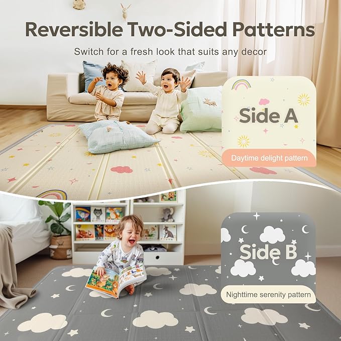 Mallify Foldable Play Mat, Reversible Baby Play Mat with Edge Reinforcement, Non-Toxic & Waterproof Baby Mat for Floor, Foam Playmat for Infants Toddlers, Rainbow, Cloud & Moon, 50''x50''