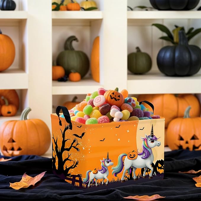 ASKETAM Halloween Basket Gift Cute Pumpkin Ghost Parties Decor Kid Trick or Treat Basket for Boys and Girls Rectangular Storage Bin Box (Unicorn Bat)
