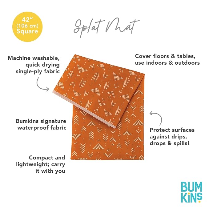 Bumkins Baby Splat Mat for Under High Chair, Babies Toddlers Eating Mess Mat, Waterproof Reusable Cloth for Arts and Crafts, Playtime Mat for Kids, Floors or Tables, Fabric 42inx42in, Boho Orange