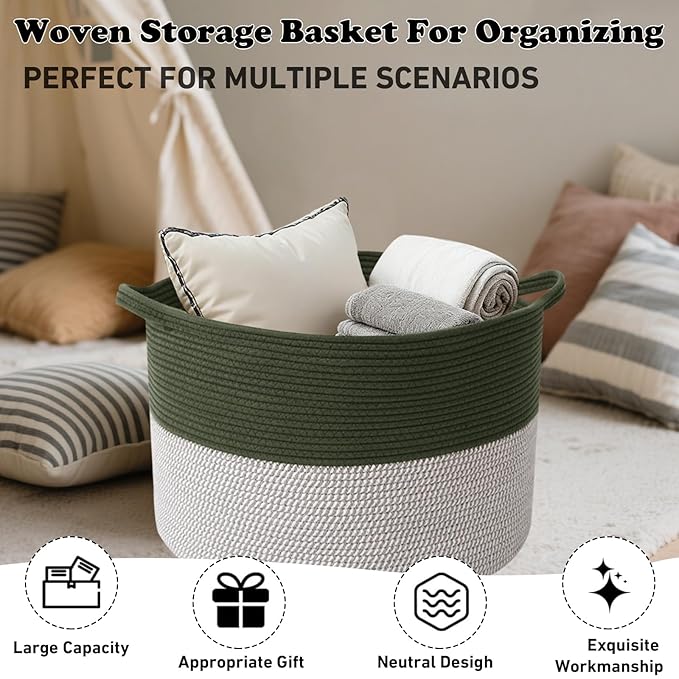 Large Storage Basket with Handle,19.7" L x 19.7" W x 13" H Blanket Basket Storage Bins for Organizing,65L Cotton Rope Woven Baskets for Living Room, Nursery,Bedroom,Green&White
