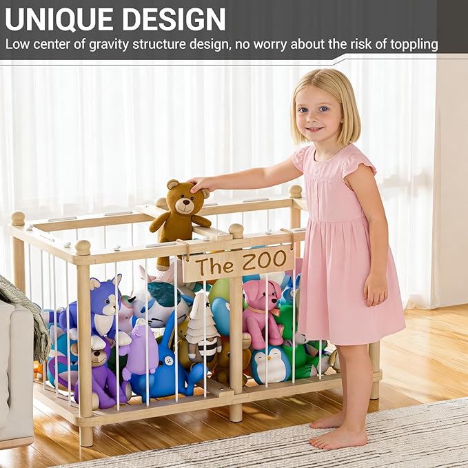 Viktorpai Stuffed Animal Storage Zoo, Wooden Toy Organizers and Storage, Large Capacity Kids Stuffy Organizer, Space Save Stable Plushies Holder Cage for Toddler Room, Bedroom, Playroom & Nursery