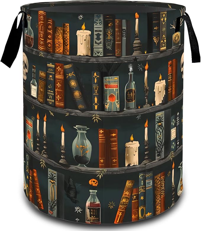 VODRM Gothic Witchcraft Bookshelf Basket, Dirty Collapsible Clothes Toy Organizer Hamper for Kids Adults, Oxford Cloth Waterproof Storage Bin for Bedroom Bathroom Magic Decor Gifts, 19.7"X15.7"