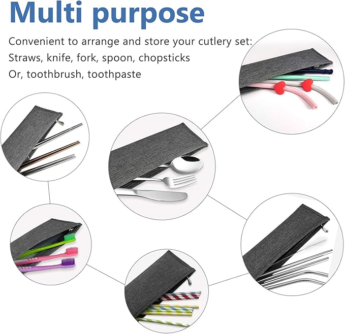 Aosbos Reusable Straws Carrying Case Stainless Steel Straws Pouch Metal Straws Bag Silicone Straws Case Chopsticks Case Portable Cutlery Set POUCH Travel Utensil Sets CARRYING CASE, Grey