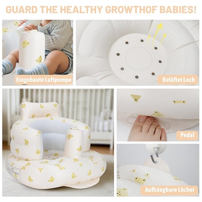 Inflatable Baby Seat, Inflatable Baby Chair for Babies 3 Months and Up, Summer Blow Up Chair with Built in Air Pump, Infant Floor Seats for Learning to Sit, Palying, Camping, Bear Head