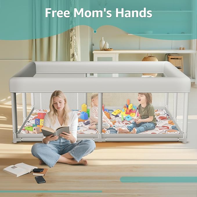 65 x 50 Inch Baby Playpen with Mat, PlayPen for Babies and Toddlers, Sturdy Safety Play Yard for Indoor & Outdoor with Zipper Gates