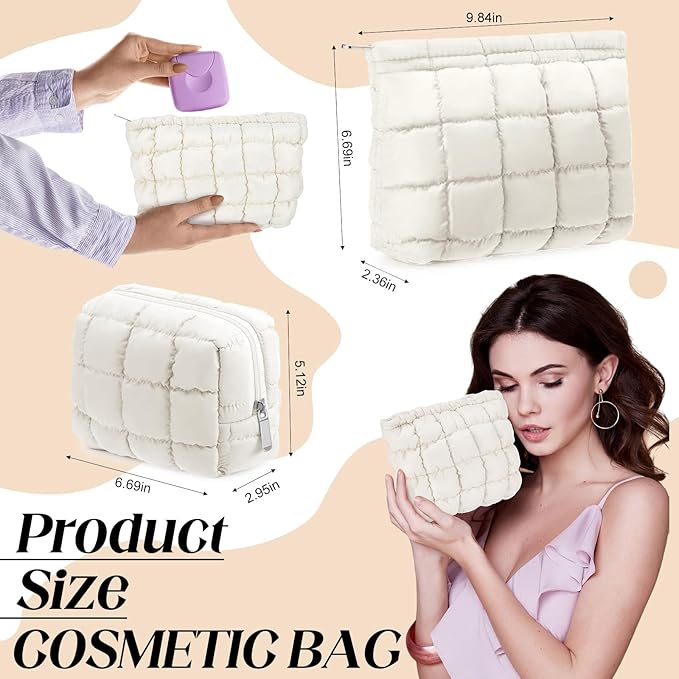 2 Pcs Puffy Makeup Bag Quilted Cosmetic Pouch for Women Cute Checkered Travel Toiletry Bag Puffer Makeup Organizer Purse Pouch Preppy Pencil Case with Zipper(White)