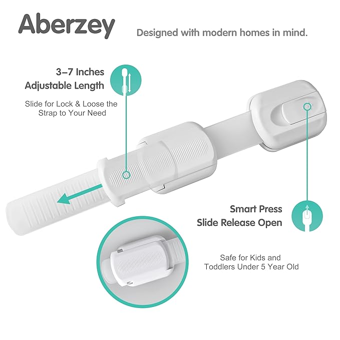 Baby Proof Cabinet Lock & Straps Latches Child Drawer Latches 3M Adhesives Adjustable Non Drilling Safety Cabinet Locks Straps Baby Drawer Locks for Kids Baby Multi-Function 12 Pack (White)
