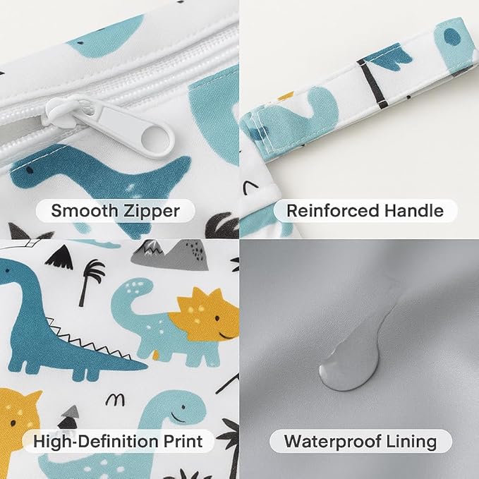 FANALALA Waterproof Wet Dry Bag, Reusable Diaper Pouch with Zipper, Machine Washable Travel Organizer for Beach, Daycare, Kids, Dinosaur Pattern (White Dino)