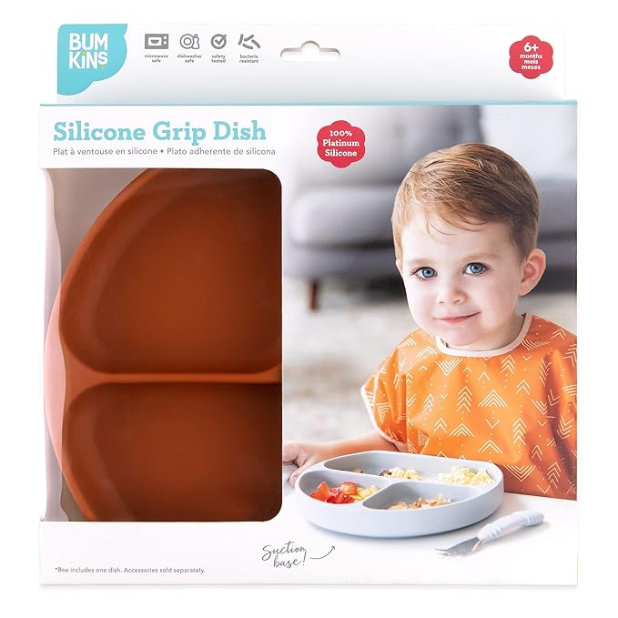 Bumkins Toddler and Baby Suction Plate, Divided Grip Dish for Babies and Kids, Baby Led Weaning, Feeding Supplies, Sticks to Tables and Highchairs, Platinum Silicone, for Children 6 Months, Clay