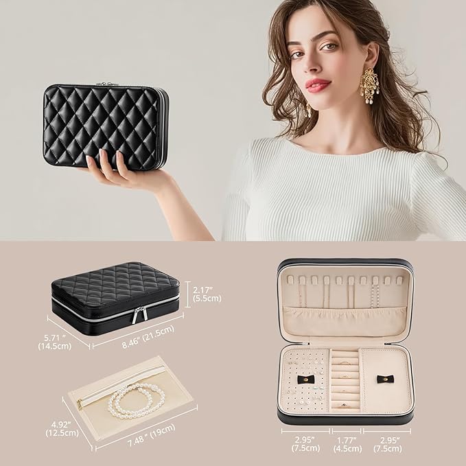 Lolalet Travel Jewelry Case for Women Girls, Travel Jewelry Organizer Box with Mirror & Clear Storage Bag, Small Portable Earring Necklace Bracelet Ring Case, Birthday Valentine Gifts -Medium, Black