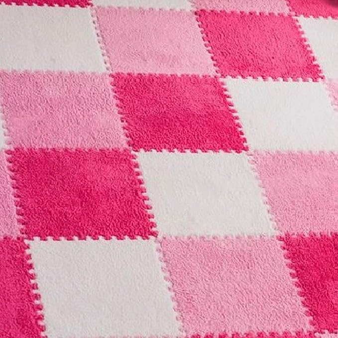 12pcs Plush Puzzle Foam Floor Mat, Cute Soft Fluffy Interlocking Square Foam Tiles Area Rugs Carpet for Parlor Bedroom Decoration(11.8x11.8x0.4in, Rose Red&Pink&White)