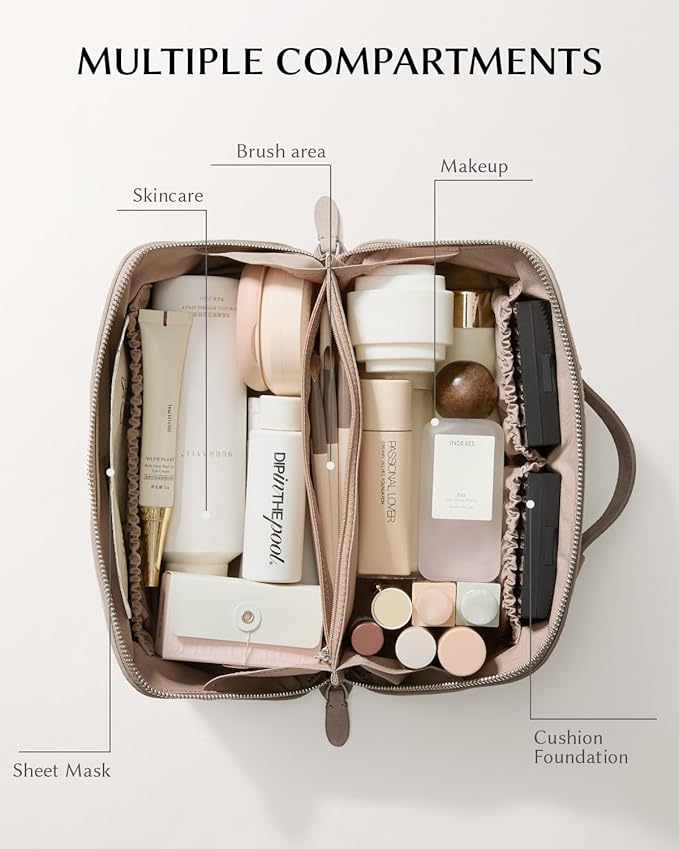 EACHY Travel Makeup Bag, Large Capacity Cosmetic Bag for Women, Waterproof PU Leather, Flat Open Portable Toiletry Bag for Skincare, Brushes & Travel Essentials