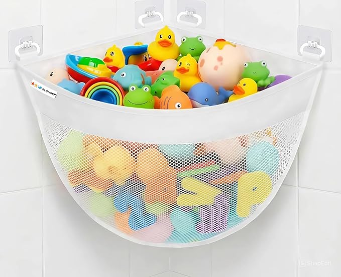 Bath Toy Holder Corner, Kids Bath Toy Net for Tub, Bathtub Holder Basket, Storage Bin Hammock Organizer, Shower Caddy Hanging Mesh Bag, Baby Bathroom Storage with 6 Adhesive Wall Hooks