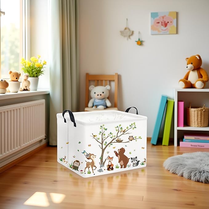 TIBAOLOVER Rectangular Kids Storage Basket Baby Storage Basket with Handles for Home Kitchen Boys and Girls Cute Toy Storage Bin Organizer Shelf Book Room Decor(Tree Animal)