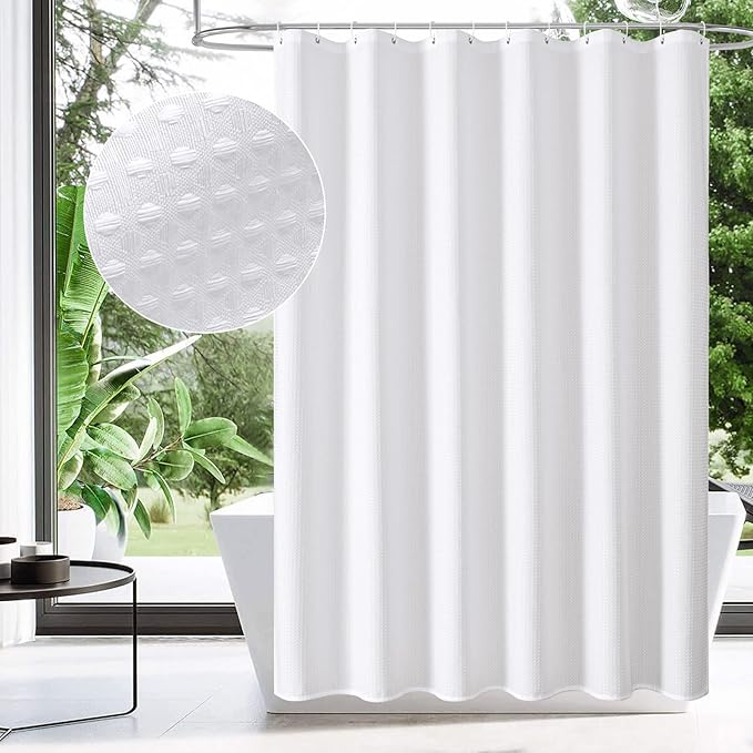 MitoVilla White Modern Waffle Shower Curtain, Heavyweight Fabric Shower Curtains for Hotel Neutral Bathroom Decor, Luxury Waffle Weave Cloth, Waterproof & Wrinkle Resistant, 72 x 72