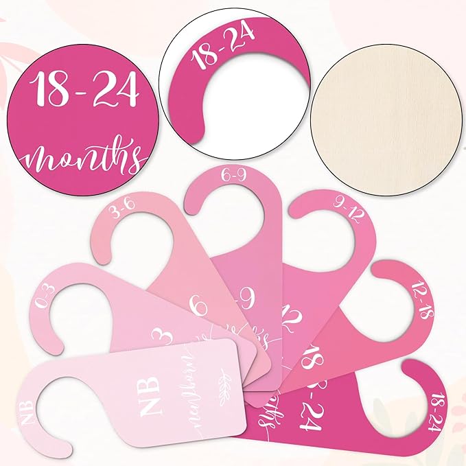 Whaline 7Pcs Pink Wood Baby Closet Size Dividers with Velvet Bag Newborn to 24 Month Thicken Infant Wardrobe Hanger Organizers for Home Nursery Party Favors Supplies