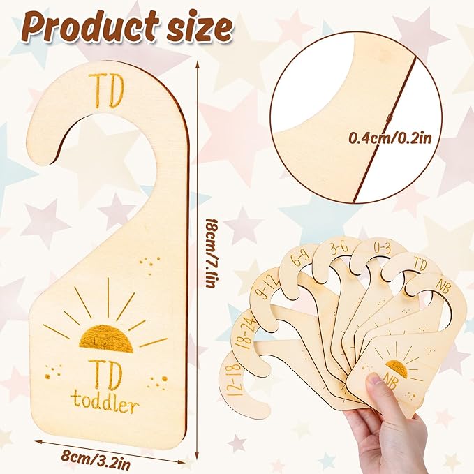 Whaline 8Pcs Baby Closet Size Dividers Wooden Baby Wardrobe Hanger Organizer Boho Sun Design Hanging Wooden Newborn to 24 Months for Home Nursery Baby Clothes Decor