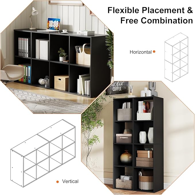 Sweetcrispy 8 Cube Storage Organizer - Open Cube Bookshelf with 4 Removable Back Panels, Display Storage Bookcase for Living Room, Bedroom, Entrance Hall, Home Office，47.7"L×11.6" W×24"H, Drak Black