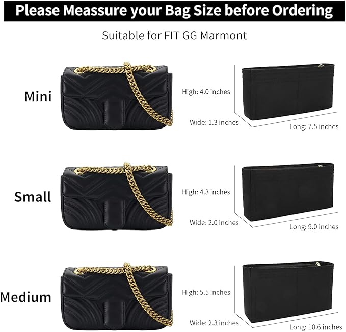 LOUKAYCCI Felt Insert Purse Organizer with Zipper, GG Marmont Matelasse Shoulder Bag Liner Pouch for Women Inner Bladder Storage Bag (Small, Black)