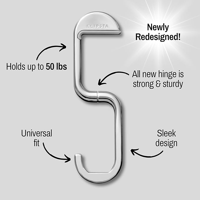 KLIPSTA FLIP Bag Hook - Newly Redesigned. Portable Purse Hanger for Table with Magnetic Closure - Now Holds up to 50 lbs. (Silver)