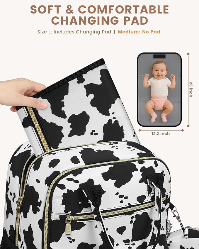 Pritent Diaper Bag Backpack,Baby Essentials Diapers Bag with Pacifier Case,Multipurpose Stylish Large Capacity Travel Backpack for Baby Girl/Boy(L-Cow Print)