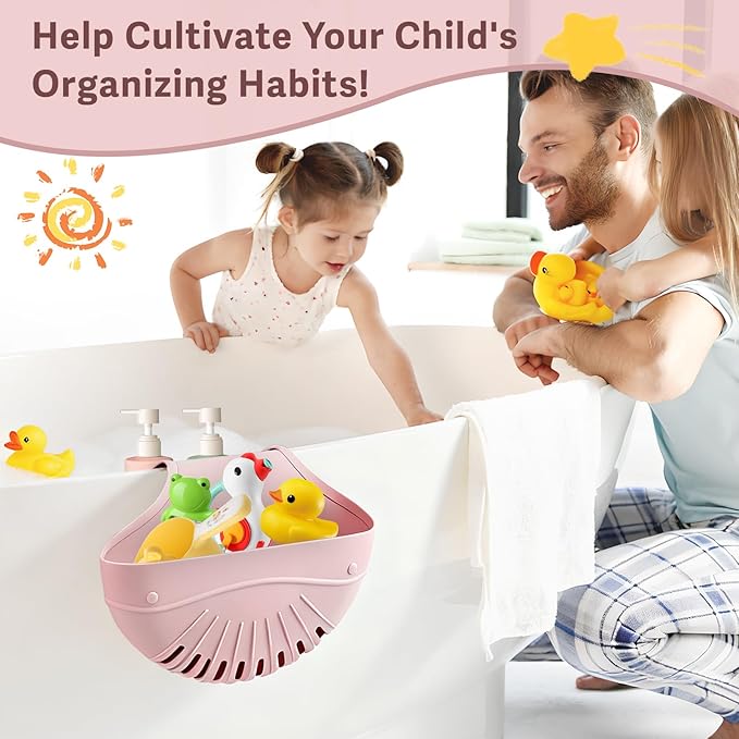 Silicone Bath Toy Organizer for Tub, Flexible 2-Compartment Bathtub Storage Basket for Kids & Adults, Drainable Toy Holder and Foldable Shower Caddy for Bathroom Essentials（Pink）