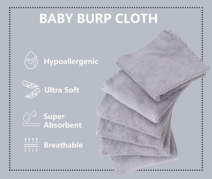 Spotted Play 8 Pack Burp Cloths for Baby - 20" by 10" Ultra Absorbent Burping Cloth, Hand Washcloths, Newborn Towel - Milk Spit Up Rags - Burpy Cloths for Unisex, Boy, Girl - Burp Cloths Set (Grey)