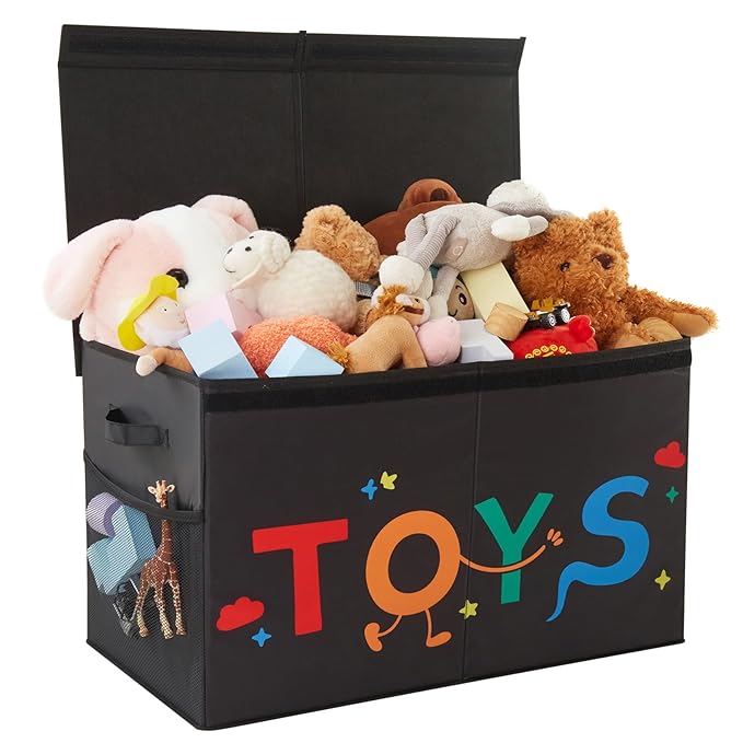 Uniency Large Toy Box, 83L Sturdy Collapsible Storage with Lid, 25"x13"x16" Kids Storage Organizer, Toy Chest Bin Baskets for Boys Girls,for Nursery,Bedroom,Playroom,Living Room,Toddlers Toybox(Black)