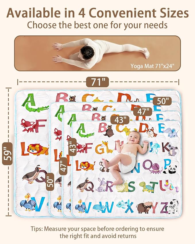 Baby Play Mat, 47x47 Mat with Super Soft Touch, Activity Mats with Upgraded Anti-Slip Bottom, Machine Washable Crawling Playmat for Floor & Picnic(Animal Alphabets)