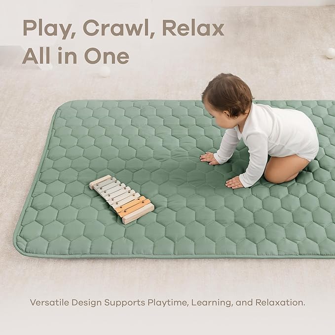 Comfy Cubs Rectangle Kids Play Mat - Small 36 x 60 inches Soft Quilted Baby Floor Mat with Non-Slip Bottom - Plush Design for Toddlers' Playtime - Comfortable and Durable - Fern