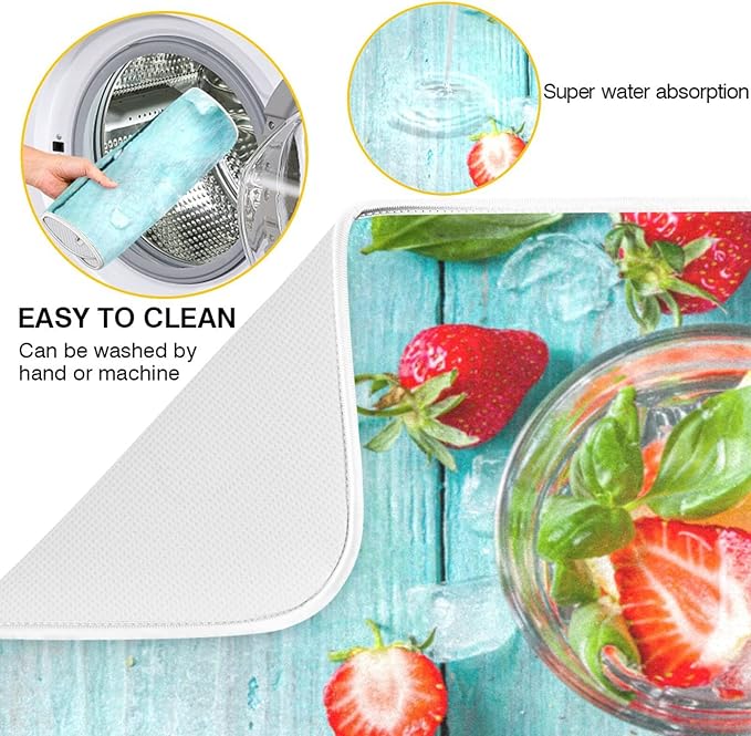 Absorbent Dish Drying Mat for Kitchen Counter - Strawberry Blue Wooden Microfiber Drying Pad, Reversible Drainer Mats for Countertop, Small 16" x 18"