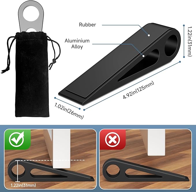 Heavy Duty Door Stopper for Bottom of Door, Aluminum & Rubber Door Stop Wedge- Keep Doors Open in Home, Apartment, Office, Hotel, 4.92L*1.02W*1.22H Inch, Black