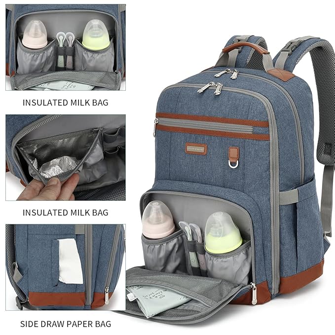 BILLITON MASHI Diaper Bag Backpack, Large Baby Nappy Bags with Portable Changing Pad for Boys and GirlsMultifunction Travel Baby Bag for Moms Dads, Shower Gifts Waterproof and Stylish，Deep Blue