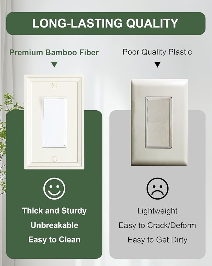 6-Pack Decorator Outlet Cover Plate, Light Almond Modern Decorative Switch Plates and Outlet Covers, Natural Bamboo Fiber Wall Plates for Electrical Outlets
